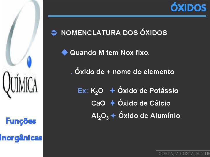 ÓXIDOS NOMENCLATURA DOS ÓXIDOS Quando M tem Nox fixo. . Óxido de + nome
