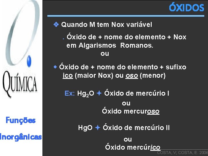 ÓXIDOS Quando M tem Nox variável. Óxido de + nome do elemento + Nox