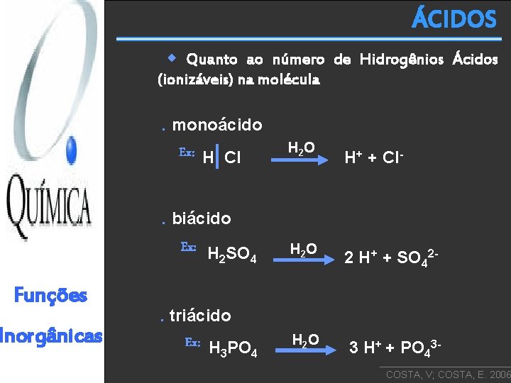 ÁCIDOS Quanto ao número de Hidrogênios Ácidos (ionizáveis) na molécula. monoácido H 2 O