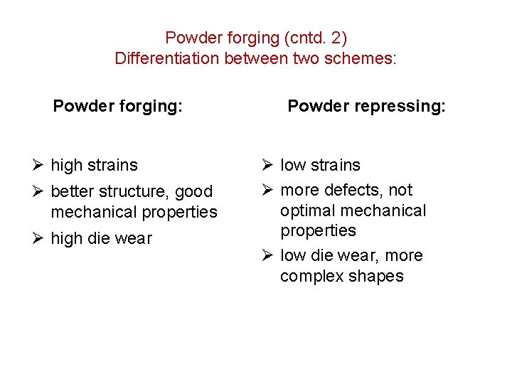 Powder forging (cntd. 2) Differentiation between two schemes: Powder forging: Ø high strains Ø