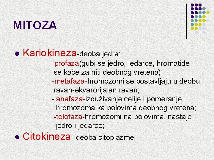 MITOZA l Kariokineza-deoba jedra: -profaza(gubi se jedro, jedarce, hromatide se kače za niti deobnog MITOZA l Kariokineza-deoba jedra: -profaza(gubi se jedro, jedarce, hromatide se kače za niti deobnog