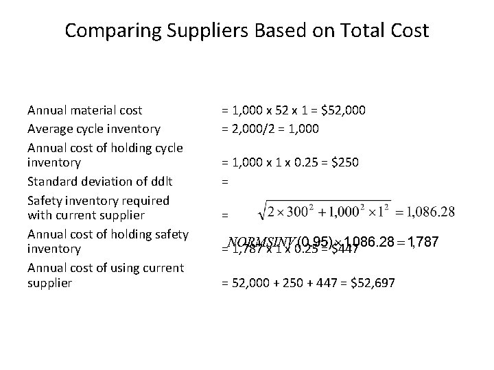 Comparing Suppliers Based on Total Cost Annual material cost Average cycle inventory Annual cost