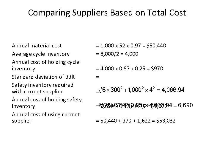 Comparing Suppliers Based on Total Cost Annual material cost Average cycle inventory Annual cost