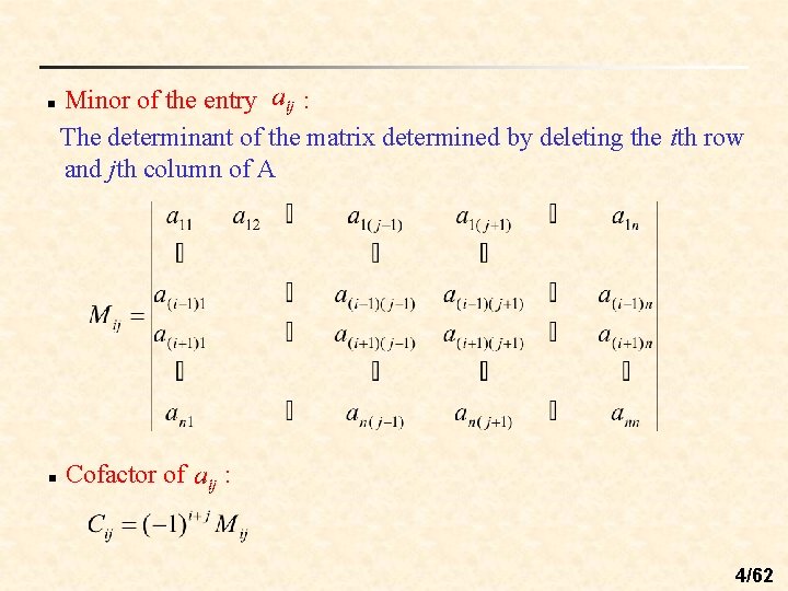 n n Minor of the entry : The determinant of the matrix determined by n n Minor of the entry : The determinant of the matrix determined by