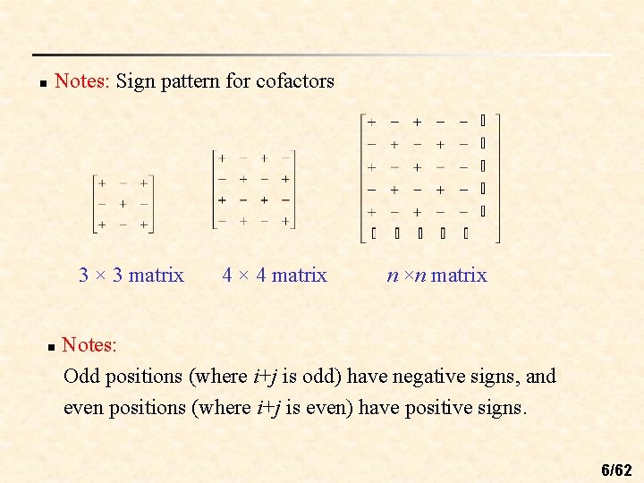 n Notes: Sign pattern for cofactors 3 × 3 matrix n 4 × 4 n Notes: Sign pattern for cofactors 3 × 3 matrix n 4 × 4