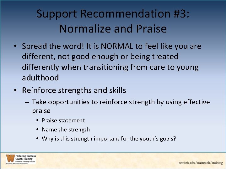 Support Recommendation #3: Normalize and Praise • Spread the word! It is NORMAL to
