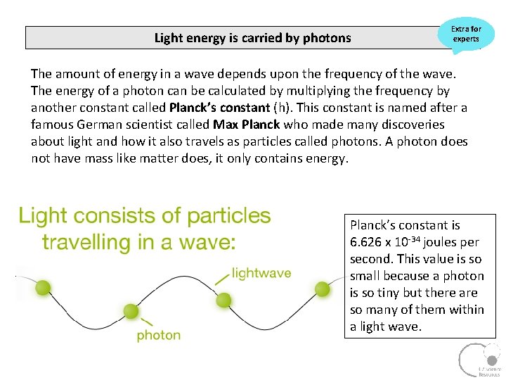 Light energy is carried by photons Extra for experts The amount of energy in