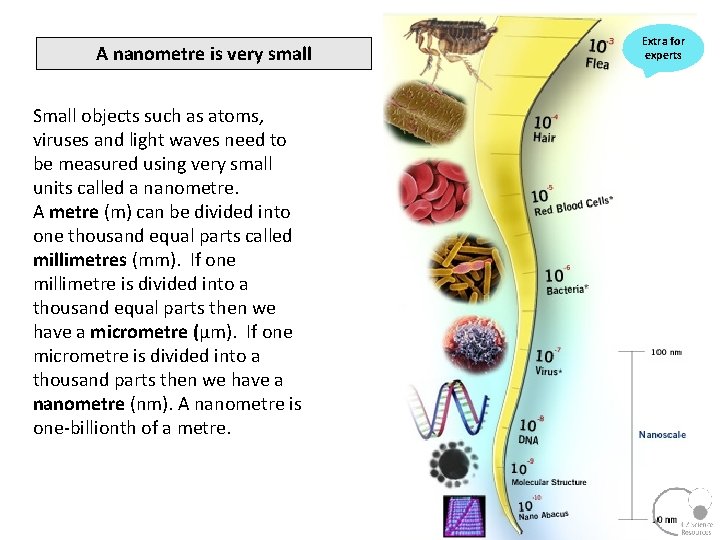 A nanometre is very small Extra for experts Small objects such as atoms, viruses