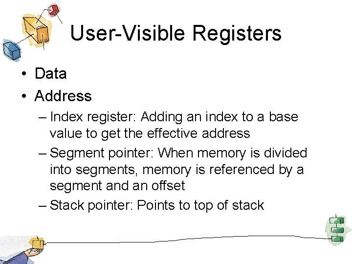 User-Visible Registers • Data • Address – Index register: Adding an index to a