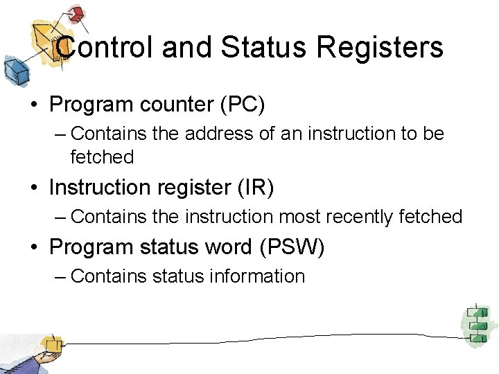 Control and Status Registers • Program counter (PC) – Contains the address of an