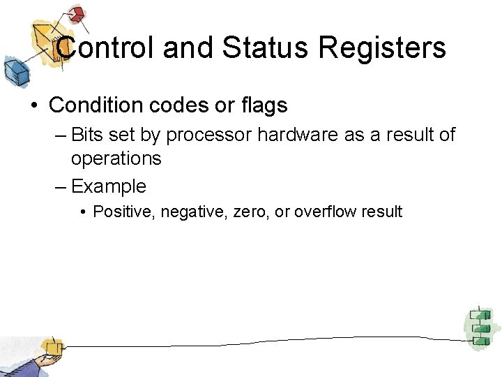 Control and Status Registers • Condition codes or flags – Bits set by processor