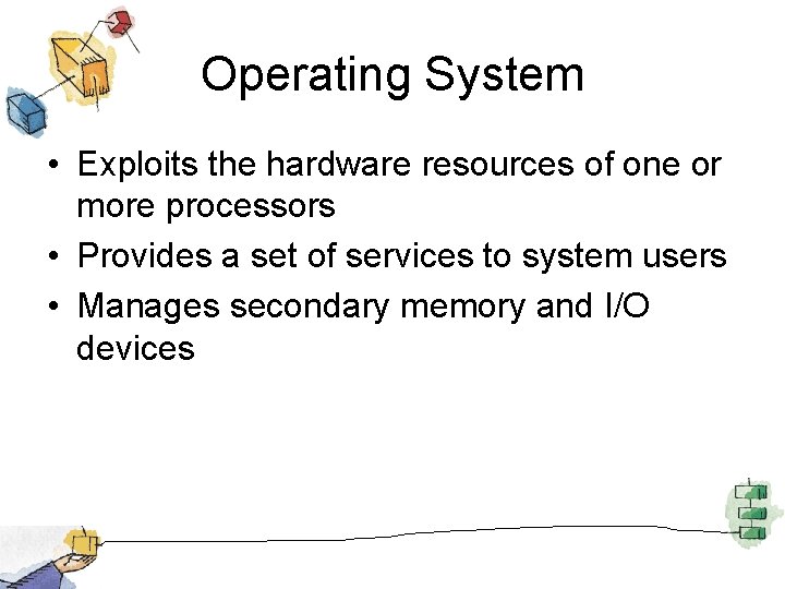 Operating System • Exploits the hardware resources of one or more processors • Provides