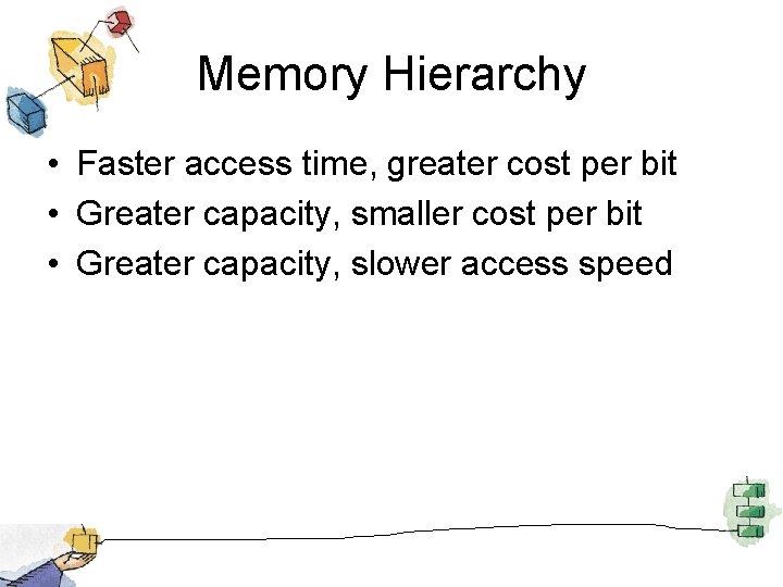 Memory Hierarchy • Faster access time, greater cost per bit • Greater capacity, smaller