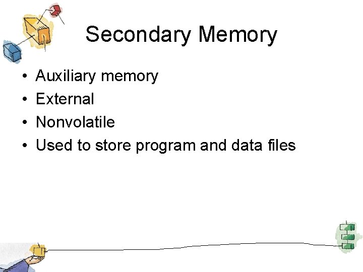 Secondary Memory • • Auxiliary memory External Nonvolatile Used to store program and data