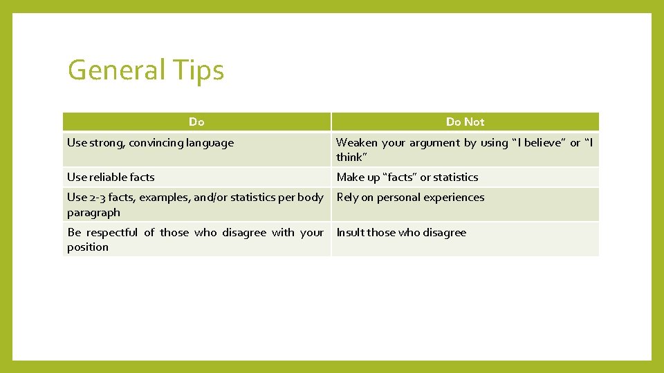 General Tips Do Do Not Use strong, convincing language Weaken your argument by using