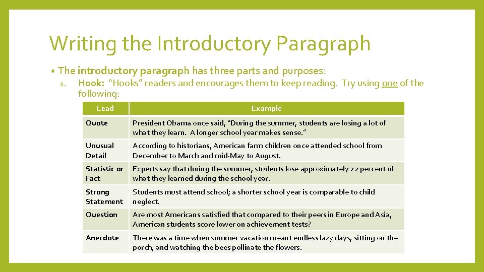 Writing the Introductory Paragraph • The introductory paragraph has three parts and purposes: 1.