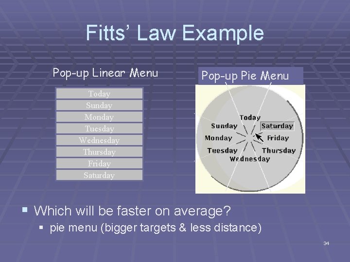 Fitts’ Law Example Pop-up Linear Menu Pop-up Pie Menu Today Sunday Monday Tuesday Wednesday Fitts’ Law Example Pop-up Linear Menu Pop-up Pie Menu Today Sunday Monday Tuesday Wednesday