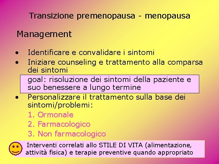 Transizione premenopausa - menopausa Management • • • Identificare e convalidare i sintomi Iniziare Transizione premenopausa - menopausa Management • • • Identificare e convalidare i sintomi Iniziare