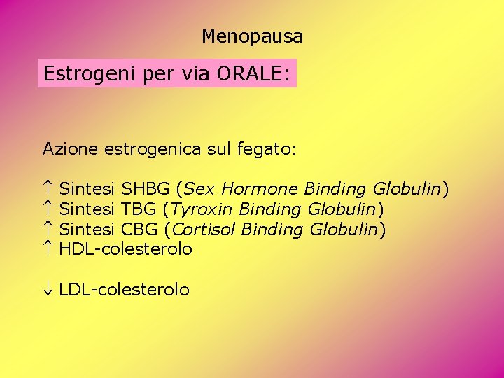 Menopausa Estrogeni per via ORALE: Azione estrogenica sul fegato: Sintesi SHBG (Sex Hormone Binding Menopausa Estrogeni per via ORALE: Azione estrogenica sul fegato: Sintesi SHBG (Sex Hormone Binding