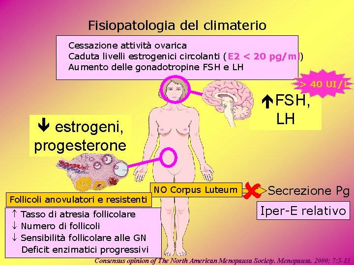 Fisiopatologia del climaterio Cessazione attività ovarica Caduta livelli estrogenici circolanti (E 2 < 20 Fisiopatologia del climaterio Cessazione attività ovarica Caduta livelli estrogenici circolanti (E 2 < 20
