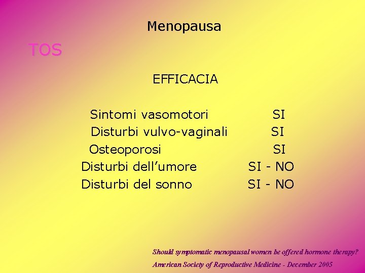 Menopausa TOS EFFICACIA Sintomi vasomotori Disturbi vulvo-vaginali Osteoporosi Disturbi dell’umore Disturbi del sonno SI Menopausa TOS EFFICACIA Sintomi vasomotori Disturbi vulvo-vaginali Osteoporosi Disturbi dell’umore Disturbi del sonno SI