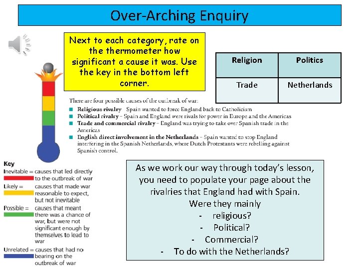 Over-Arching Enquiry Next to each category, rate on thermometer how significant a cause it