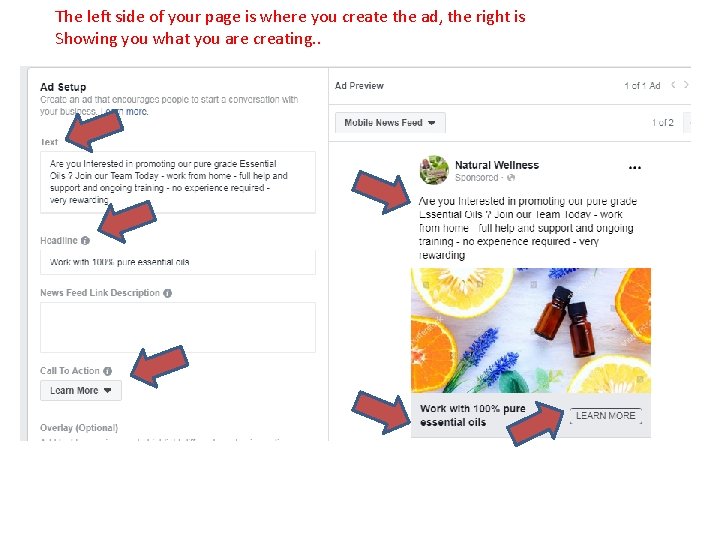 The left side of your page is where you create the ad, the right