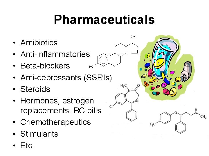 Pharmaceuticals • • • Antibiotics Anti-inflammatories Beta-blockers Anti-depressants (SSRIs) Steroids Hormones, estrogen replacements, BC