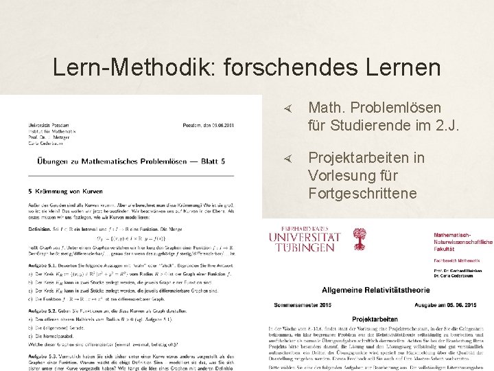 Lern-Methodik: forschendes Lernen Math. Problemlösen für Studierende im 2. J. Projektarbeiten in Vorlesung für