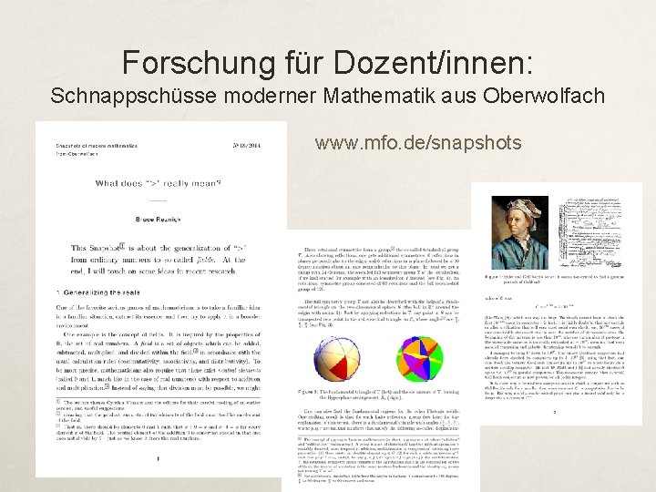 Forschung für Dozent/innen: Schnappschüsse moderner Mathematik aus Oberwolfach www. mfo. de/snapshots 