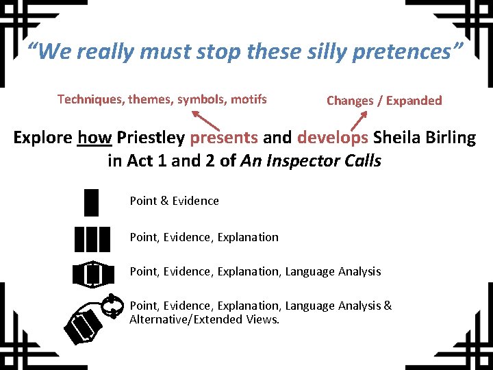 “We really must stop these silly pretences” Techniques, themes, symbols, motifs Changes / Expanded