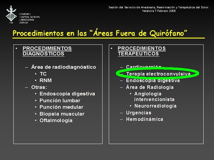 Sesión del Servicio de Anestesia, Reanimación y Terapéutica del Dolor. Valencia 7 Febrero 2006