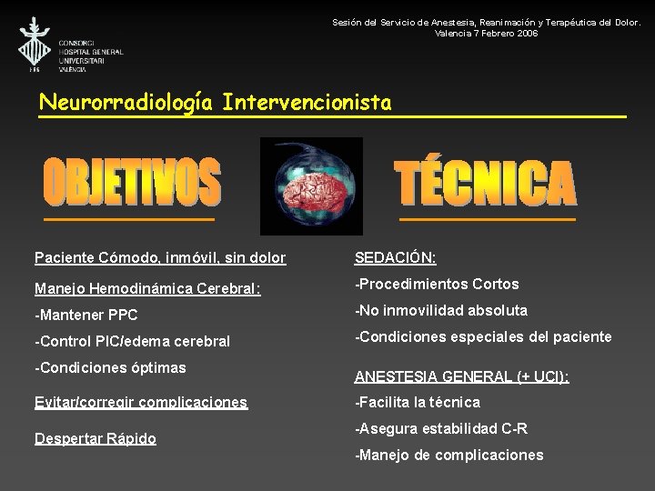 Sesión del Servicio de Anestesia, Reanimación y Terapéutica del Dolor. Valencia 7 Febrero 2006
