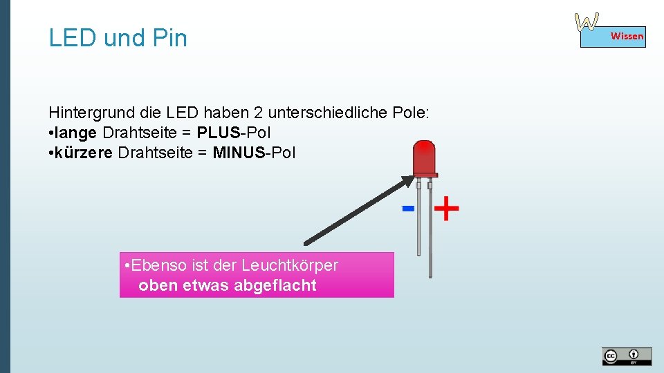 LED und Pin Hintergrund die LED haben 2 unterschiedliche Pole: • lange Drahtseite =