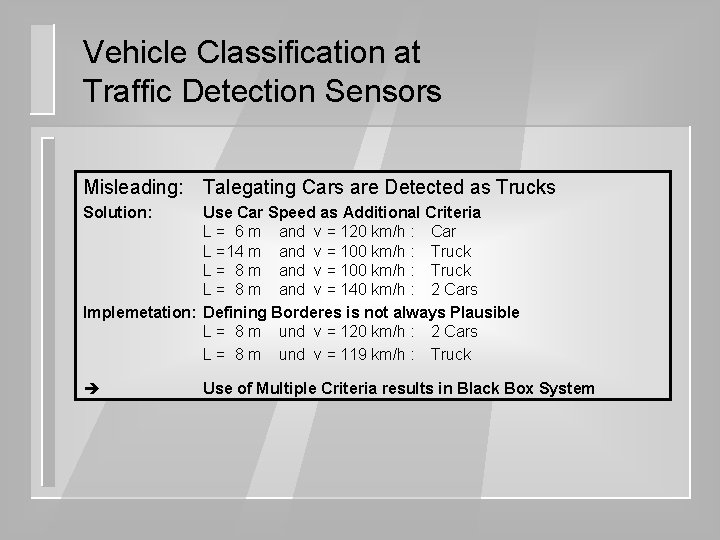 Vehicle Classification at Traffic Detection Sensors Misleading: Talegating Cars are Detected as Trucks Solution:
