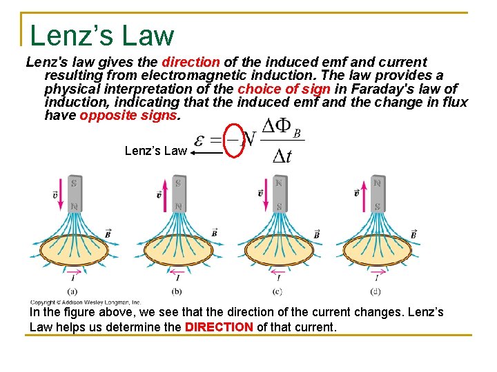 Lenz’s Law Lenz's law gives the direction of the induced emf and current resulting
