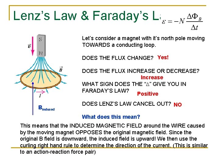 Lenz’s Law & Faraday’s Law Let’s consider a magnet with it’s north pole moving