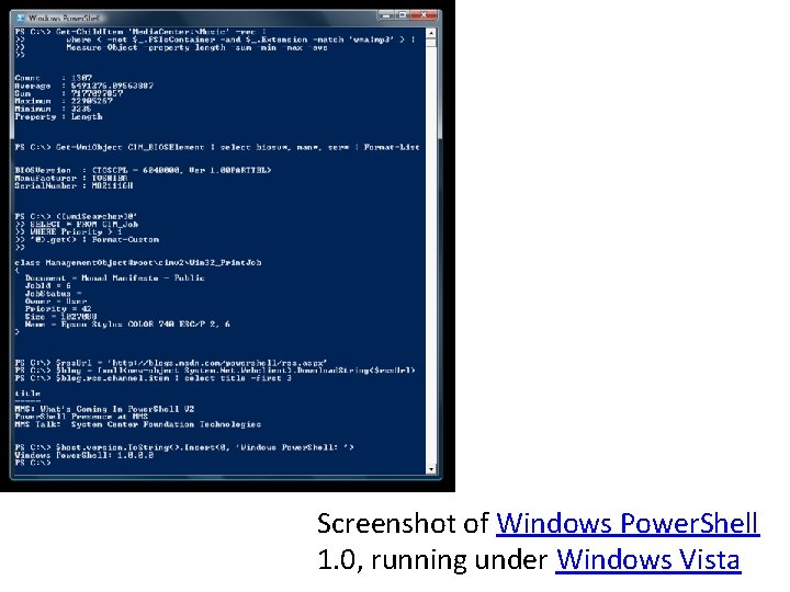 Screenshot of Windows Power. Shell 1. 0, running under Windows Vista 