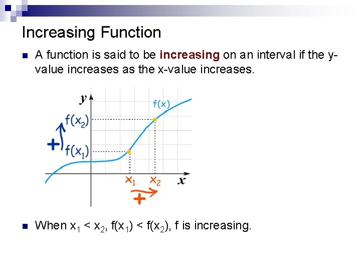 Increasing Function n A function is said to be increasing on an interval if