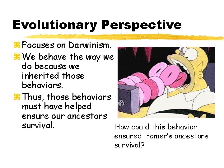 Evolutionary Perspective z Focuses on Darwinism. z We behave the way we do because