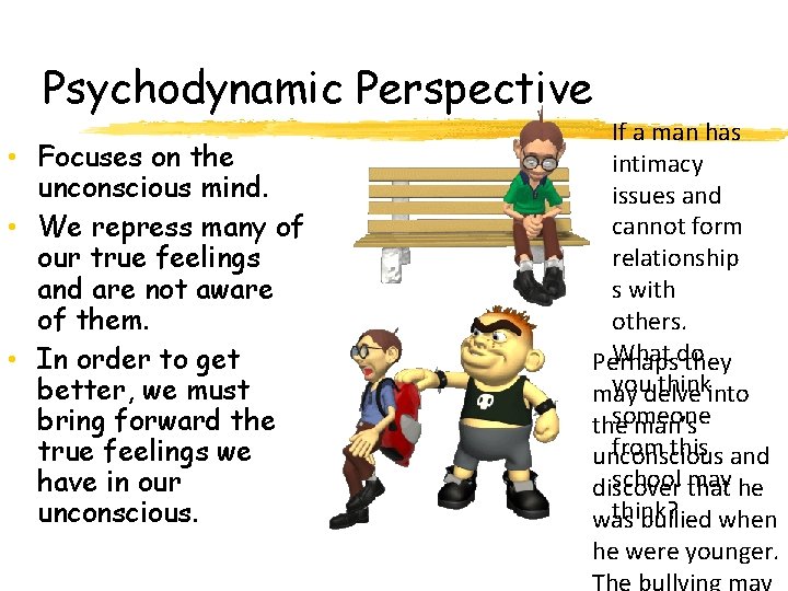 Psychodynamic Perspective • Focuses on the unconscious mind. • We repress many of our