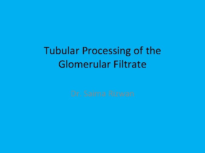 Tubular Processing of the Glomerular Filtrate Dr. Saima Rizwan 