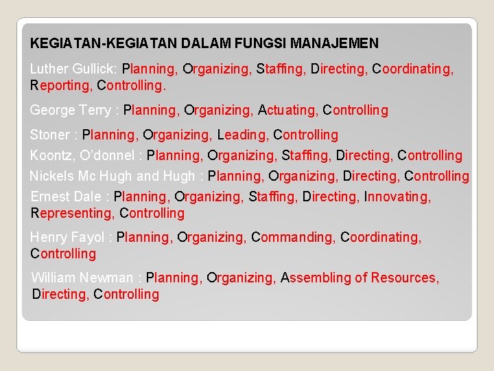 KEGIATAN-KEGIATAN DALAM FUNGSI MANAJEMEN Luther Gullick: Planning, Organizing, Staffing, Directing, Coordinating, Reporting, Controlling. George KEGIATAN-KEGIATAN DALAM FUNGSI MANAJEMEN Luther Gullick: Planning, Organizing, Staffing, Directing, Coordinating, Reporting, Controlling. George