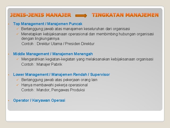 • Top Management / Manajemen Puncak ü Bertanggung jawab atas manajemen keseluruhan dari • Top Management / Manajemen Puncak ü Bertanggung jawab atas manajemen keseluruhan dari