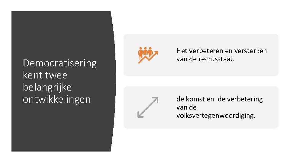 Democratisering kent twee belangrijke ontwikkelingen Het verbeteren en versterken van de rechtsstaat. de komst