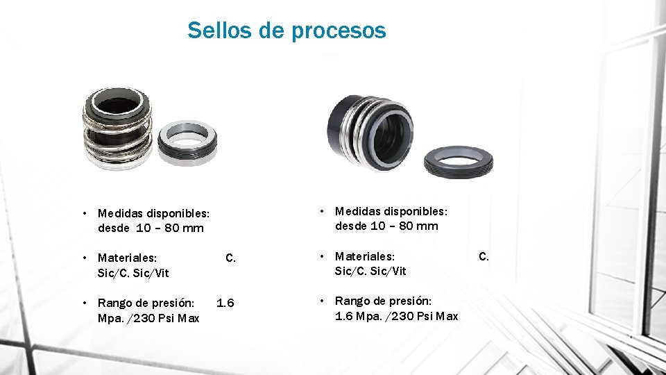 Sellos de procesos • Medidas disponibles: desde 10 – 80 mm • Materiales: Sic/C.