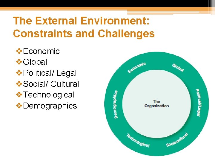 The External Environment: Constraints and Challenges v. Economic v. Global v. Political/ Legal v.