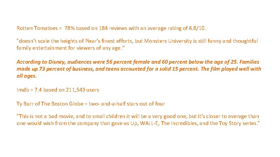 Rotten Tomatoes = 78% based on 184 reviews with an average rating of 6. Rotten Tomatoes = 78% based on 184 reviews with an average rating of 6.