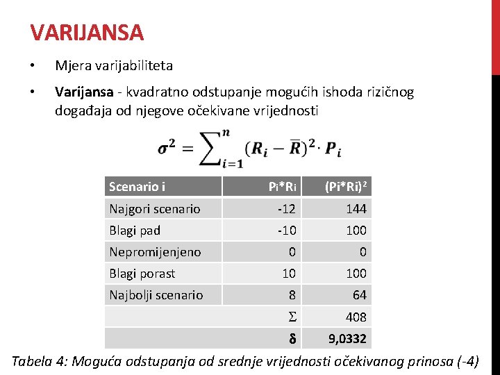 VARIJANSA • Mjera varijabiliteta • Varijansa - kvadratno odstupanje mogućih ishoda rizičnog događaja od VARIJANSA • Mjera varijabiliteta • Varijansa - kvadratno odstupanje mogućih ishoda rizičnog događaja od