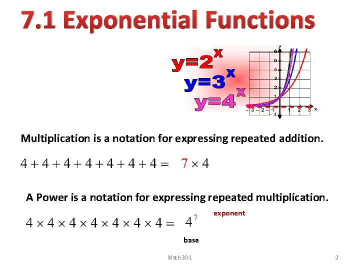 7. 1 Exponential Functions Multiplication is a notation for expressing repeated addition. A Power